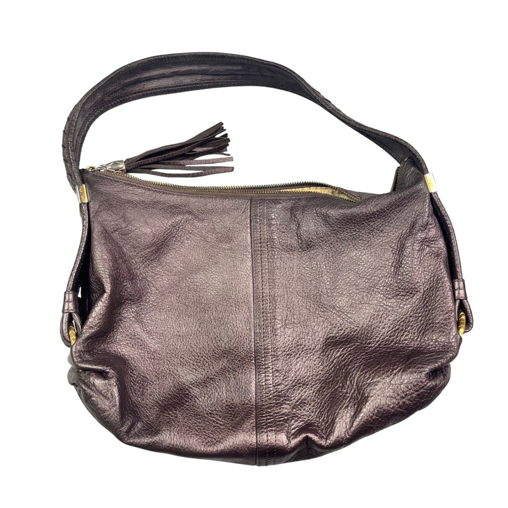 Elliott Lucca Metallic Bronze Pebbled Leather Hobo Shoulder Bag Tassel Gold